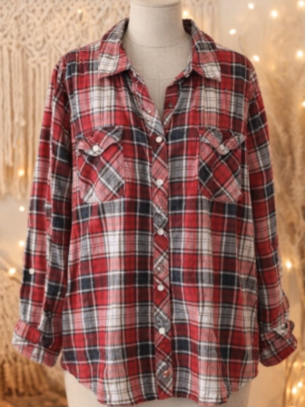 Joe Boxer Red Black Plaid Button Down Shirt Plus 1X Grunge Cottagecore Cozycore